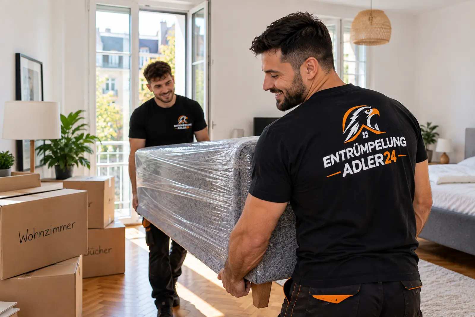 Mitarbeiter von Entrümpelung Adler24 trägt ein verpacktes Möbelstück aus einer Berliner Wohnung